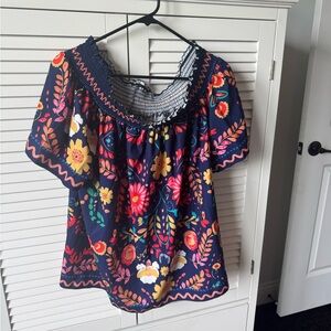 SHEIN Blue Flutter Sleeve Graphic Blouse